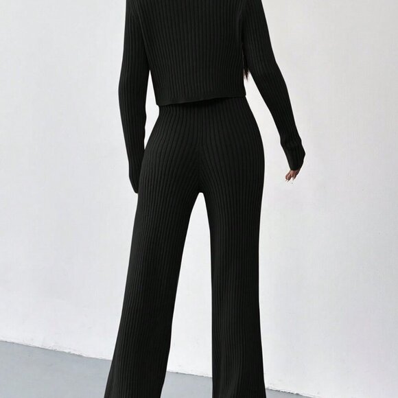 Black Casual Women's Summer Ribbed Knit Cardigan & Flare Leg Knit Pants set - Picture 3 of 6